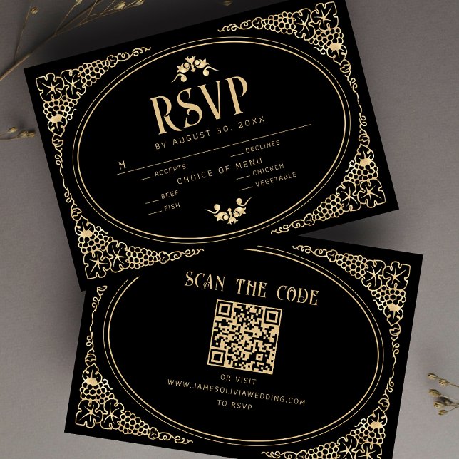 Art Déco moderne Noir et Faux Or RSVP QR Code (Créateur téléchargé)