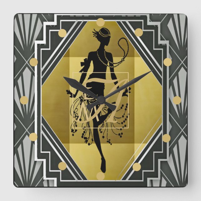 Art Deco Monogram Flapper 1920s Woman Black Gold Square Wall Clock (Front)