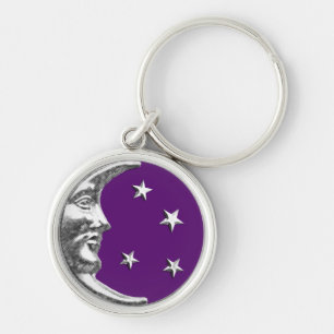 Art Deco Moon and Stars - Amethyst Purple & Silver Keychain