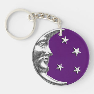 Art Deco Moon and Stars - Amethyst Purple & Silver Keychain