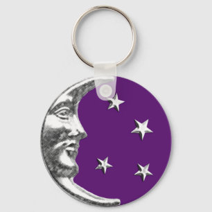 Art Deco Moon and Stars - Amethyst Purple & Silver Keychain