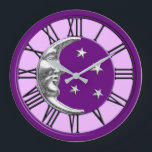 Art Deco Moon and Stars - Amethyst Purple & Silver Large Clock<br><div class="desc">Classic Art Deco moon and stars design in brushed silver on enamel look,  deep amethyst purple with a light orchid background</div>