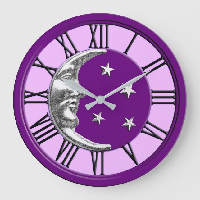 Art Deco Moon and Stars - Amethyst Purple & Silver Large Clock (Front)