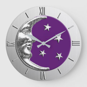 Art Deco Moon and Stars - Amethyst Purple & Silver Large Clock