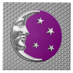 Art Deco Moon and stars - Amethyst Purple & Silver Tile