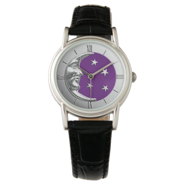 Art Deco Moon and Stars - Amethyst Purple & Silver Watch (Front)