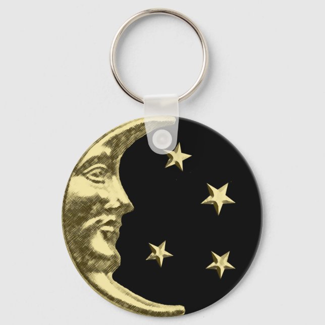 Art Deco Moon and Stars - Black and Gold Keychain (Front)