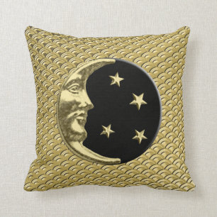 Art Deco Moon and stars - Black and Gold Throw Pillow