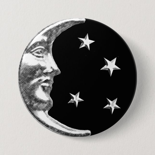 Art Deco Moon and Stars - Black and Silver 3 Inch Round Button (Front)