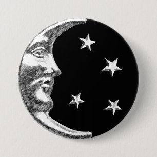 Art Deco Moon and Stars - Black and Silver 3 Inch Round Button