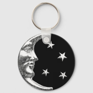 Art Deco Moon and Stars - Black and Silver Keychain