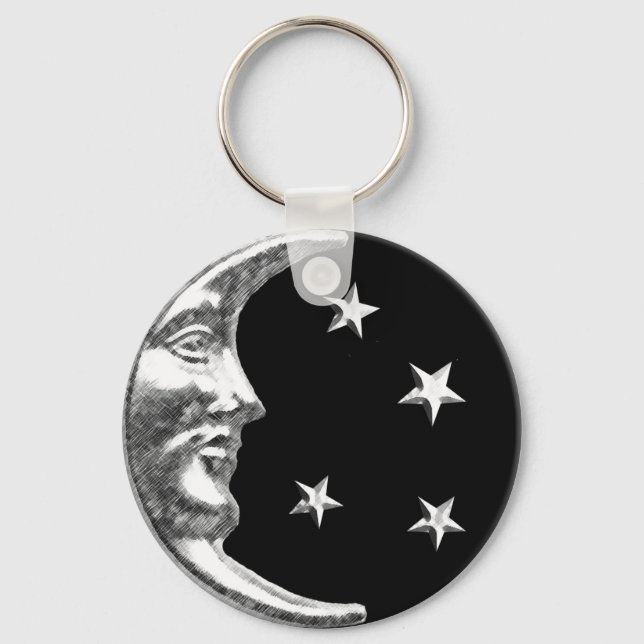 Art Deco Moon and Stars - Black and Silver Keychain (Front)