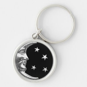 Art Deco Moon and Stars - Black and Silver Keychain