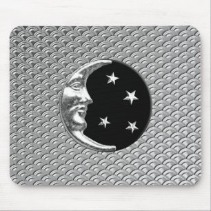 Art Deco Moon and stars - Black and Silver Mouse Pad