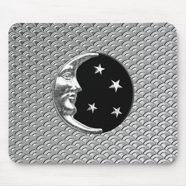 Art Deco Moon and stars - Black and Silver Mouse Pad (Front)