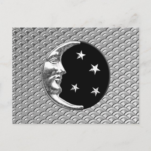 Art Deco Moon and stars - Black and Silver Postcard (Front)