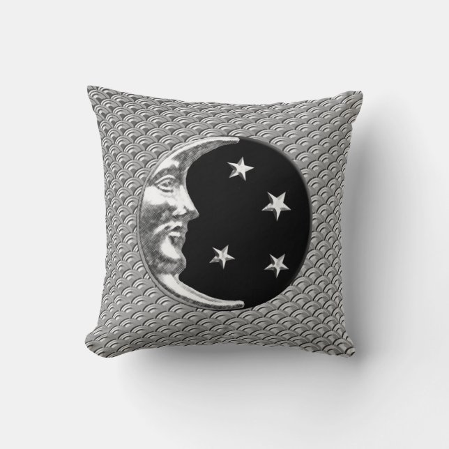 Art Deco Moon and stars -  Black and Silver Throw Pillow (Front)