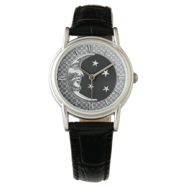 Art Deco Moon and stars - Black and Silver Watch (Front)