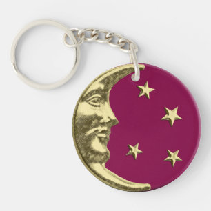 Art Deco Moon and Stars - Burgundy and Gold Keychain