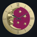 Art Deco Moon and Stars - Burgundy and Gold Large Clock<br><div class="desc">Classic Art Deco moon and stars design in brushed gold,  with an enamel look,  burgundy wine / plum  colored background</div>