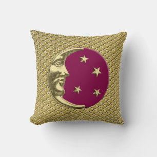 Art Deco Moon and stars - Burgundy and Gold Throw Pillow