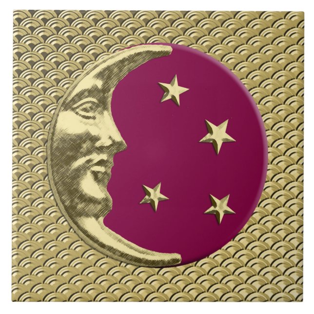 Art Deco Moon and stars - Burgundy and Gold Tile (Front)
