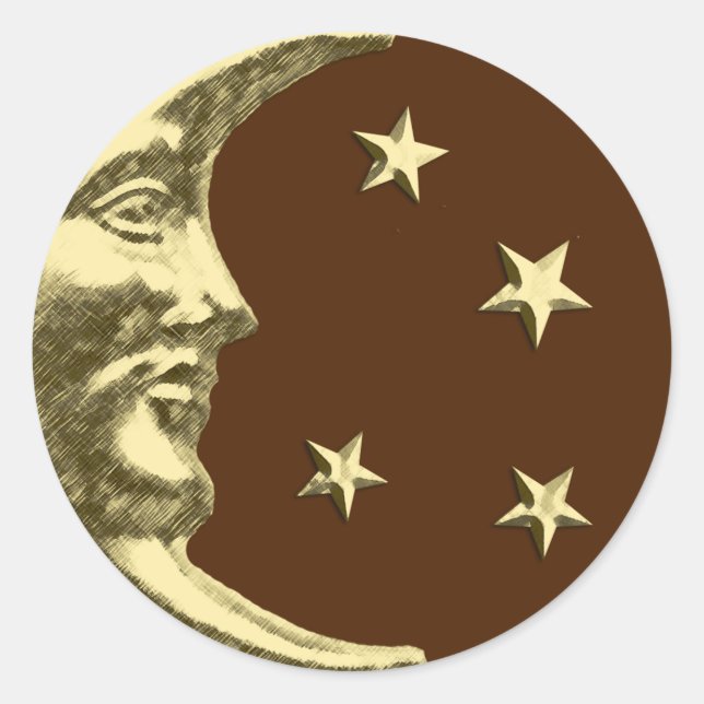 Art Deco Moon and Stars - Chocolate Brown & Gold Classic Round Sticker (Front)