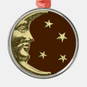 Art Deco Moon and Stars - Chocolate Brown & Gold Metal Ornament