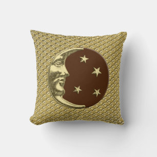 Art Deco Moon and stars - Chocolate Brown & Gold Throw Pillow