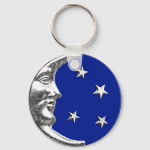 Art Deco Moon and Stars - Cobalt Blue and Silver Keychain