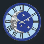 Art Deco Moon and Stars - Cobalt Blue and Silver Large Clock<br><div class="desc">Classic Art Deco moon and stars design in brushed silver on enamel look,  cobalt blue with a light sky blue background</div>