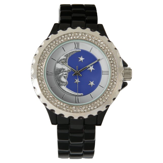 Art Deco Moon and Stars - Cobalt Blue and Silver Watch (Front)