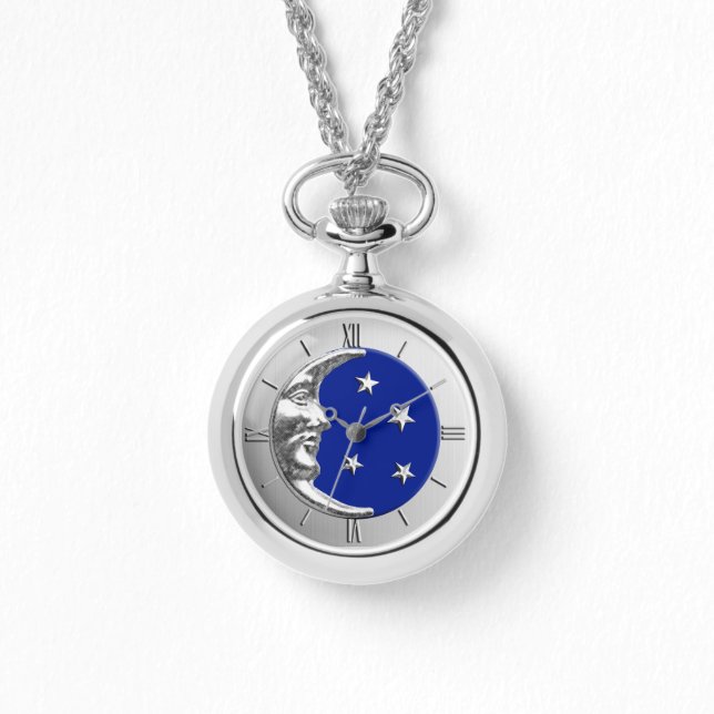 Art Deco Moon and Stars - Cobalt Blue and Silver Watch (Front)