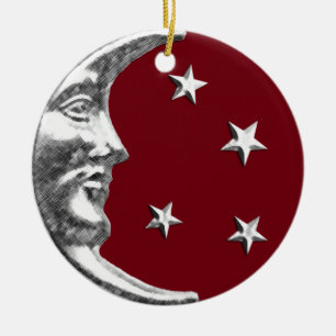 Art Deco Moon and Stars - Dark Red and Silver Ceramic Ornament