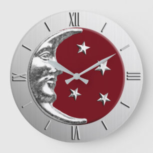 Art Deco Moon and Stars - Dark Red and Silver Large Clock