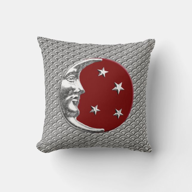 Art Deco Moon and stars -  Dark Red and Silver Throw Pillow (Front)