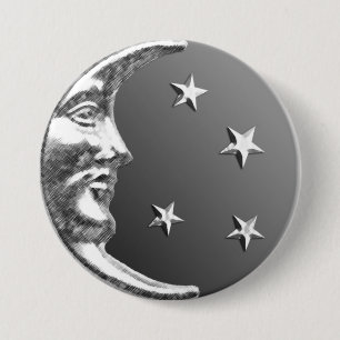 Art Deco Moon and Stars - Grey / Grey and Silver 3 Inch Round Button