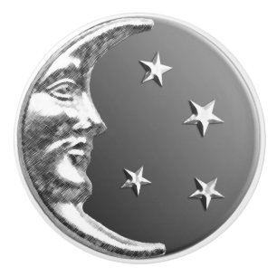 Art Deco Moon and stars - Grey / Grey and Silver Ceramic Knob