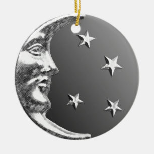 Art Deco Moon and Stars - Grey / Grey and Silver Ceramic Ornament