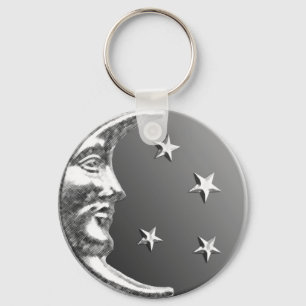 Art Deco Moon and Stars - Grey / Grey and Silver Keychain