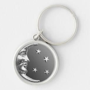 Art Deco Moon and Stars - Grey / Grey and Silver Keychain