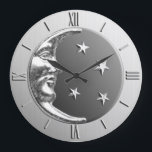 Art Deco Moon and Stars - Grey / Grey and Silver Large Clock<br><div class="desc">Classic Art Deco moon and stars design clock in brushed silver,  with a hematite stone / grey enamel look background</div>