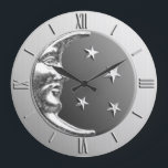 Art Deco Moon and Stars - Grey / Grey and Silver Large Clock<br><div class="desc">Classic Art Deco moon and stars design clock in brushed silver,  with a hematite stone / grey enamel look background</div>