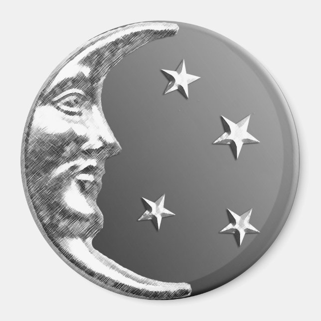Art Deco Moon and Stars - Grey / Grey and Silver Magnet (Front)
