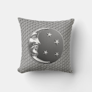 Art Deco Moon and stars - Grey / Grey and Silver Throw Pillow