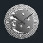 Art Deco Moon and Stars, Hematite Grey & Silver Round Clock<br><div class="desc">Clock in a classic Art Deco moon and stars design in brushed silver with an enamel look,  hematite grey / grey background</div>