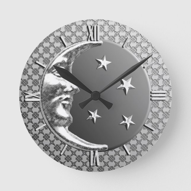 Art Deco Moon and Stars, Hematite Grey & Silver Round Clock (Front)