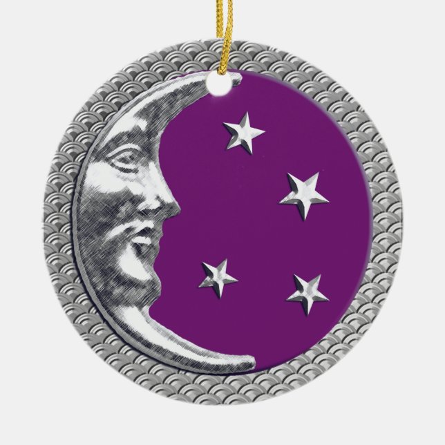 Art Deco Moon and Stars in Amethyst and Silver Ceramic Ornament (Front)