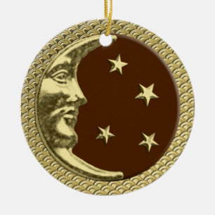 Art Deco Moon and Stars in Chocolate and Gold  Ceramic Ornament