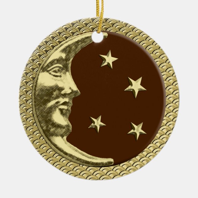 Art Deco Moon and Stars in Chocolate and Gold  Ceramic Ornament (Front)